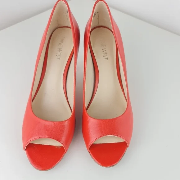 Nine West Peep Toe Leather Pumps Heels Coral Orange Size 5.5M - Picture 4 of 14
